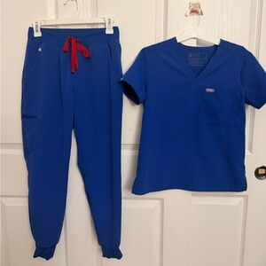 Figs Winning Blue Scrub Set with Red Accent